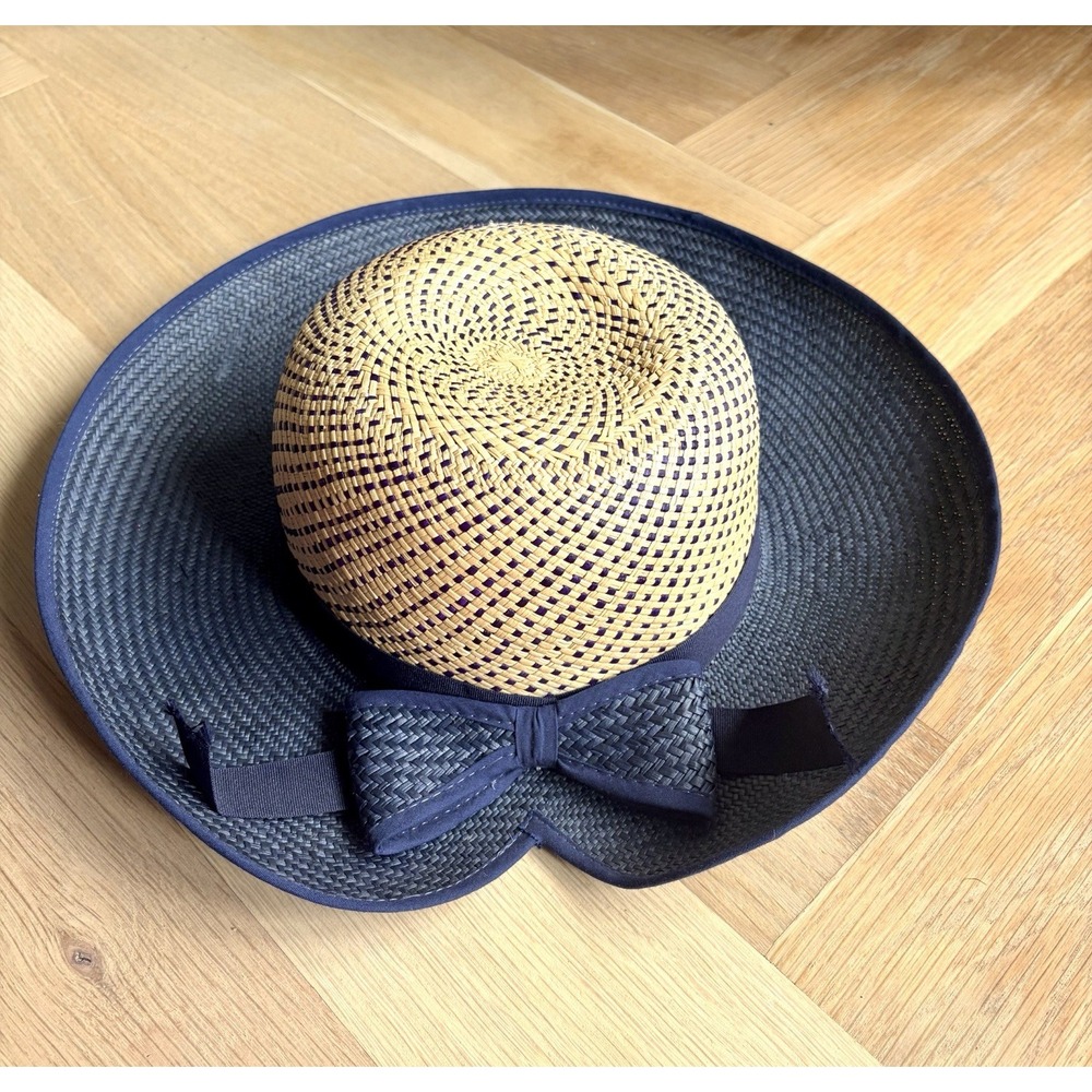 Montecristi Navy Genuine Panama Hat Two Toned Handmade Toquilla Straw With Bow